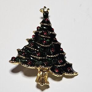 Christmas Tree Green Enamel Gold Tone Vintage Brooch Pin